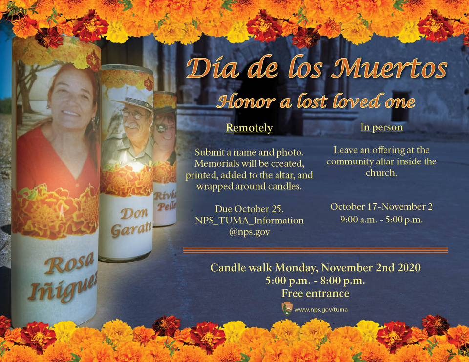 dia-de-los-muertos-flyer flyer with marigold border and candle graphic, describes día de los muertos event