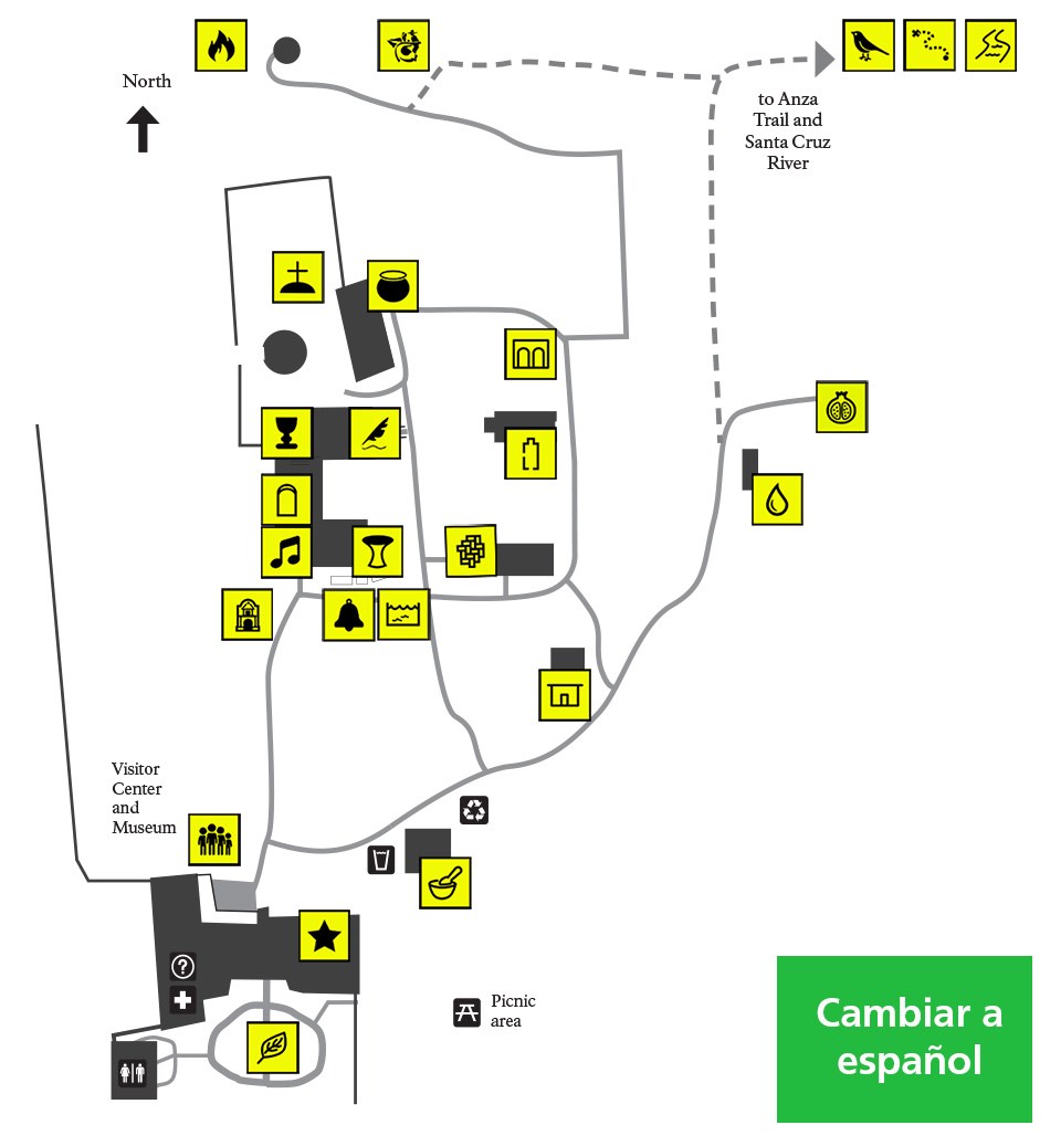 map of mission grounds with 25 tiny yellow symbols and green box labeled "cambiar a español"