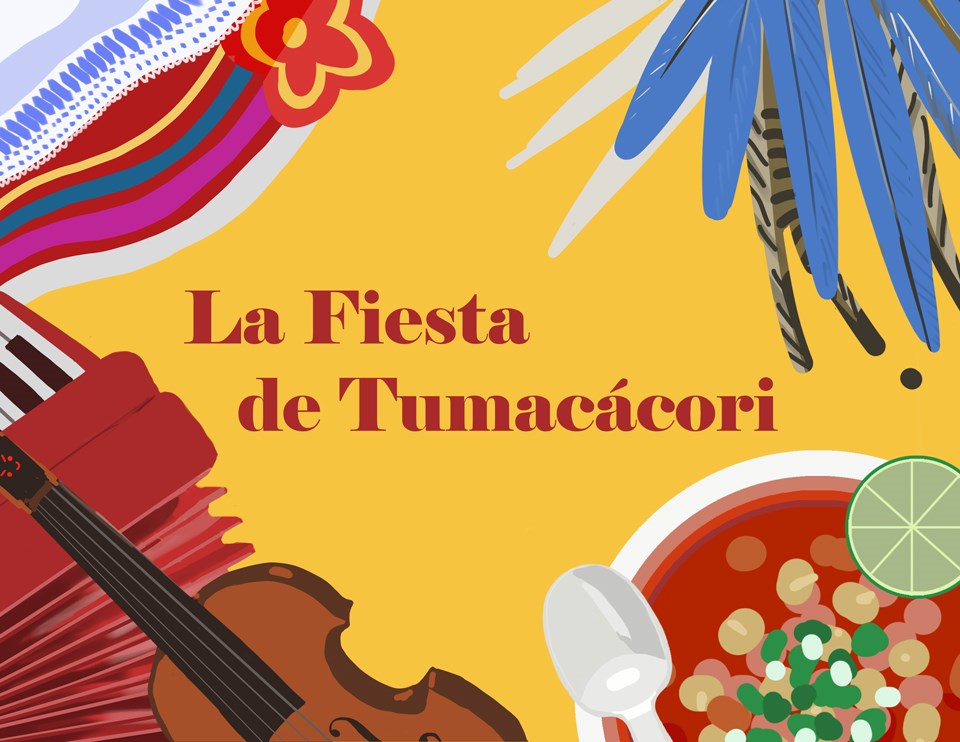 colorful graphic featuring a fiddle, accordion, mexican folklórico dresses, bowl of posole, and feathers