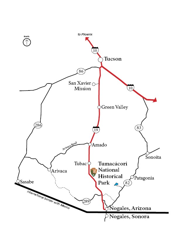 regional map showing nearby cities of Tucson and Nogales, the international border with Mexico, and highways to the east and west
