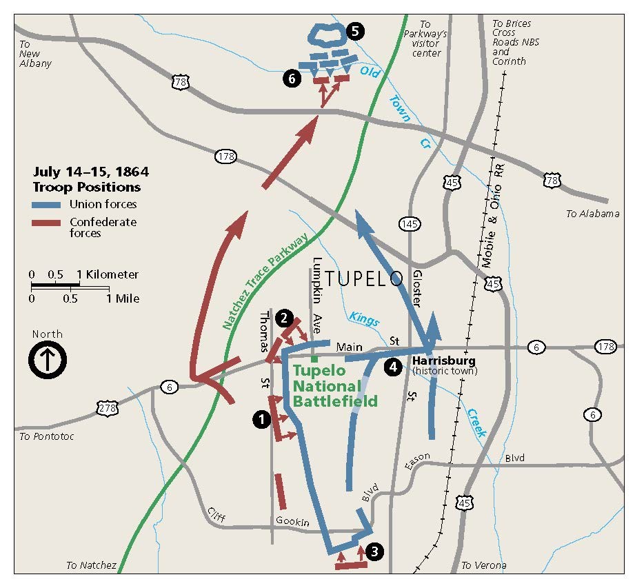 Map of the Battle of Tupelo. Maps shows troops locations and movements of the union and confederate armies