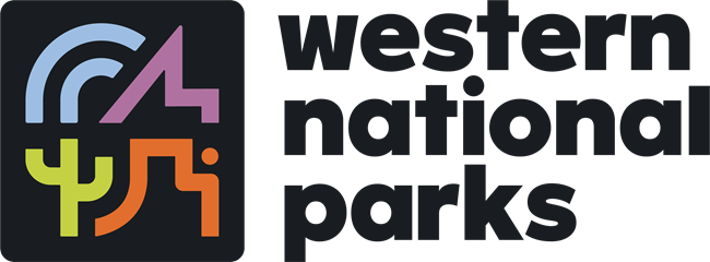 Western National Parks, cartoons of a butte, mountain, water, and a cactus