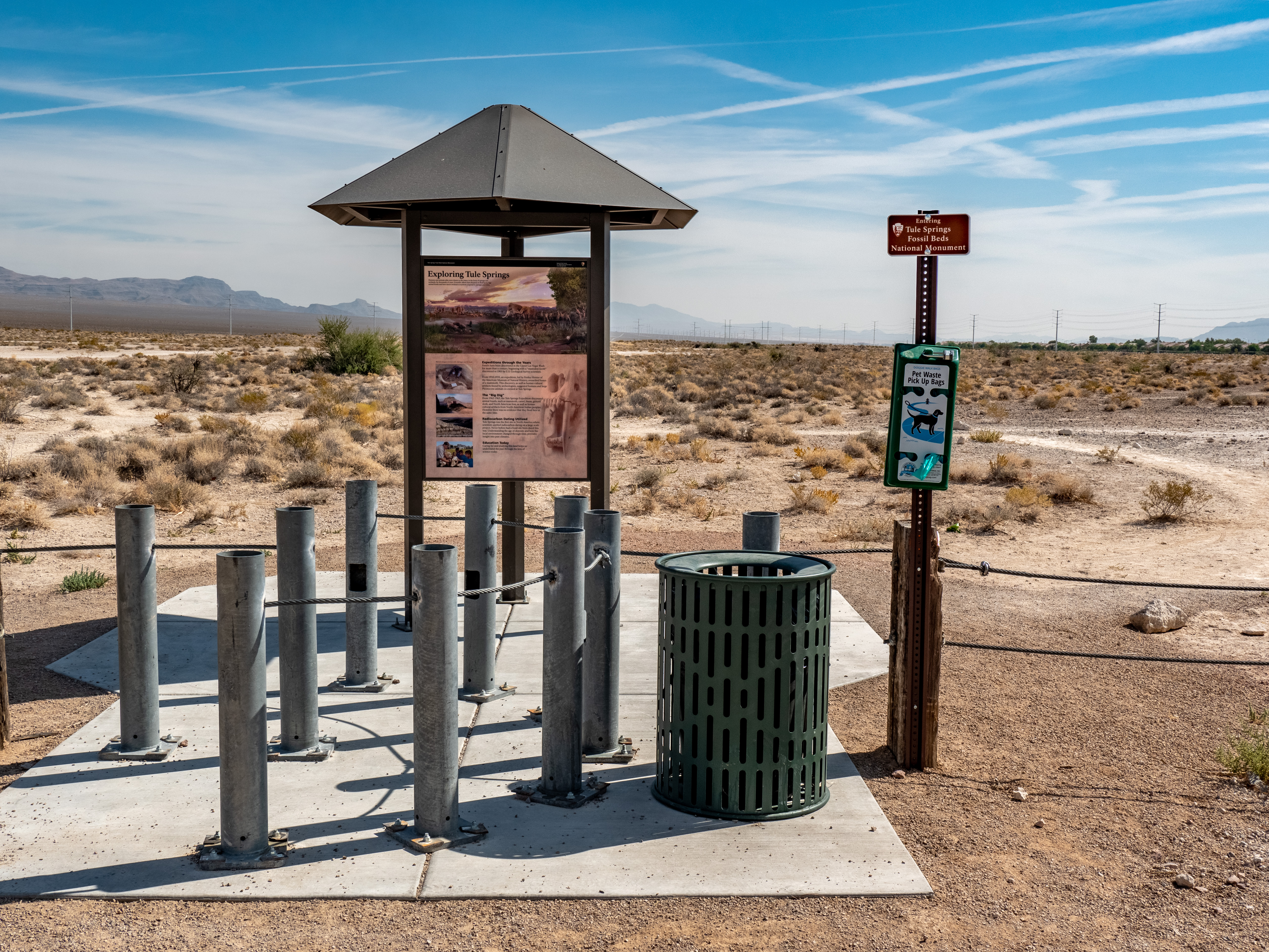 A sign with trail information marks the trailhead of the Aliante Loop Temporary Trail: Tule Springs Fossil Beds National Monument’s first recreational temporary trail.