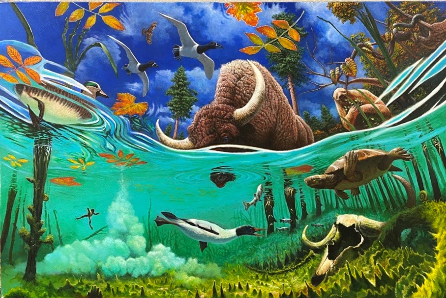 A painting depicting a bison drinking water from a spring pool among other plants and wildlife.