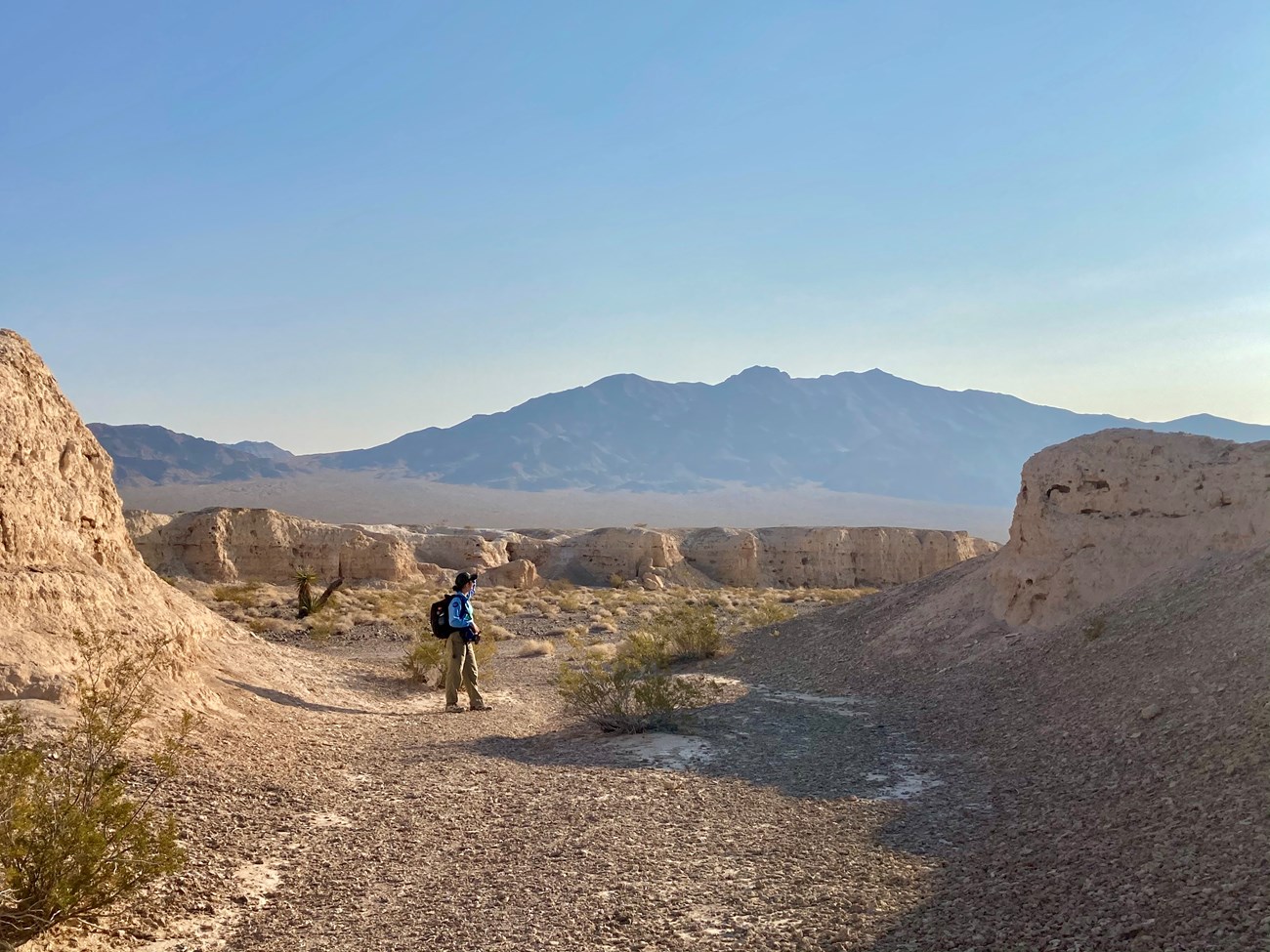 Hiker standing within a desert wash, surrounded by badlands and a mountain range.