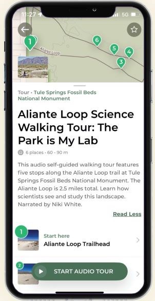 An iPhone with the Park is My Lab audio tour loaded onto the screen in the NPS mobile app interface.