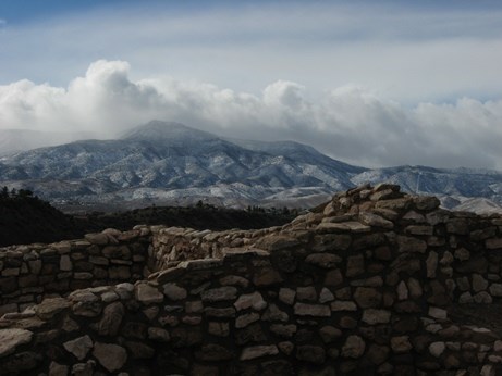 Tuzigoot pueblo with snow on the Black Hills