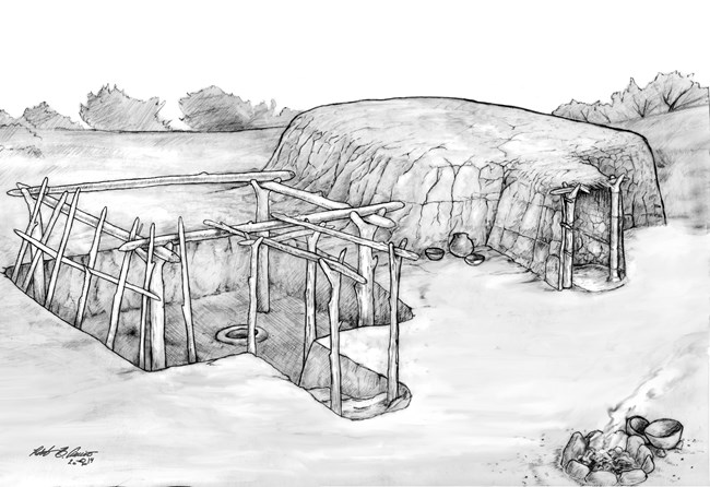 Drawing of two pithouses with bushes in the background. The left pithouse is illustrated in a cutaway fashion, showing support beams and excavated features in the floor. The right pithouse is enclosed with earth. Several pots and a firepit are outside.