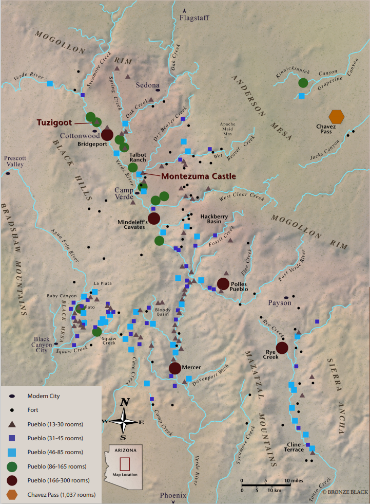 Map of central Arizona showing where approximately 150 pueblos were located