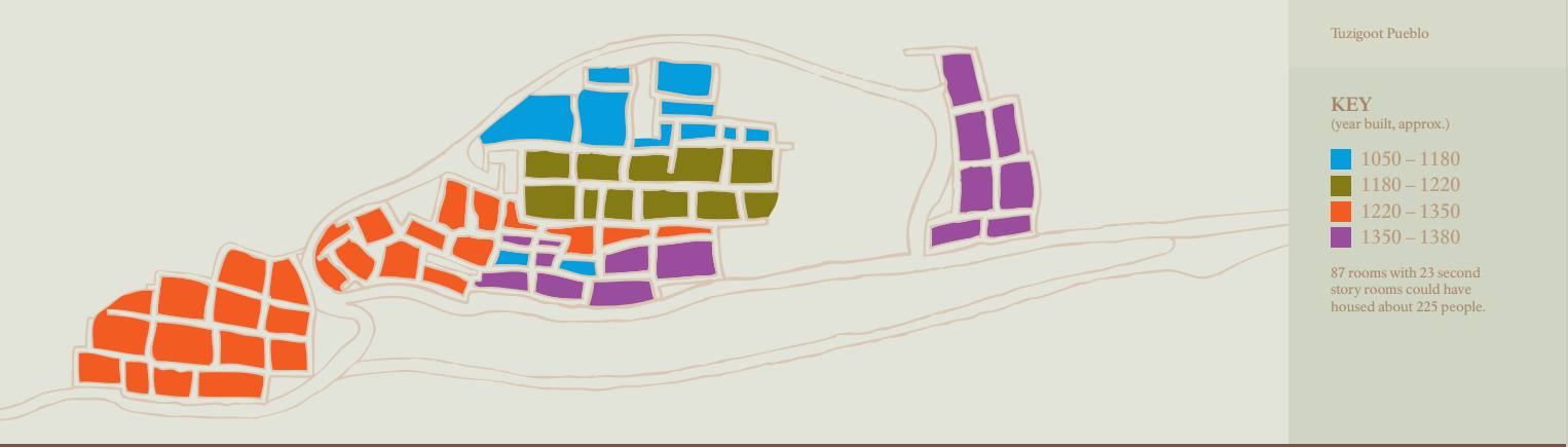 A four-color map showing the four phases of construction at Tuzigoot