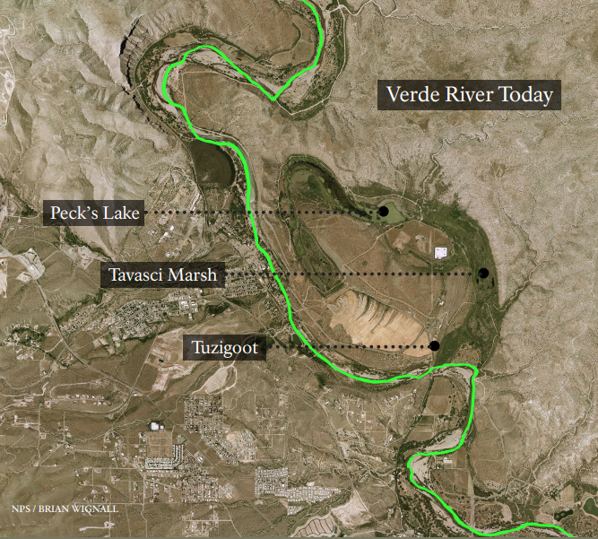 satellite photo showing the ancestral meander of the Verde river that forms the marsh