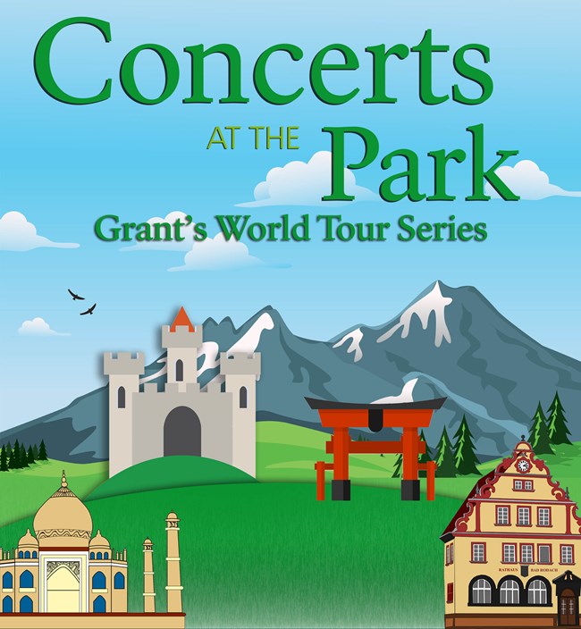 Graphic for concert series with buildings and mountains