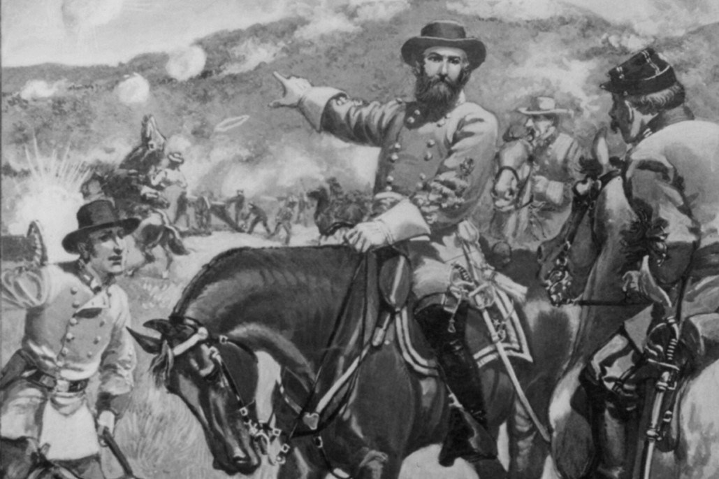Mounted portrait of James Longstreet motioning to other officer on the battlefield