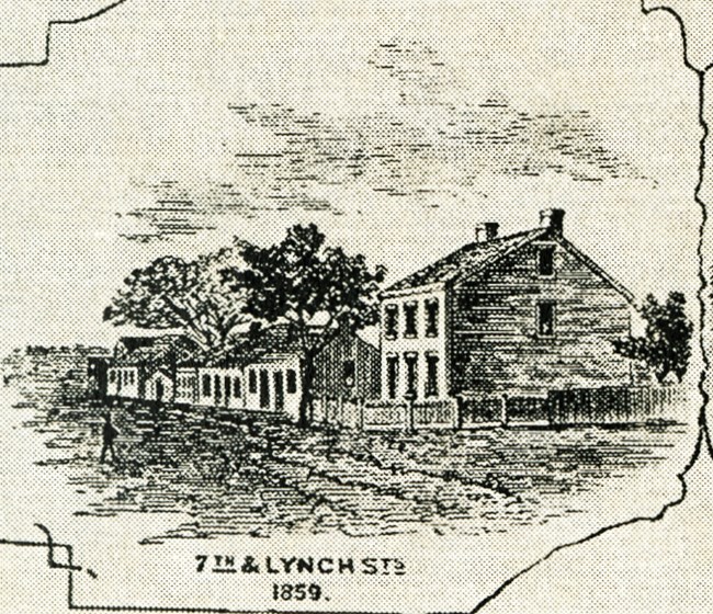Grant residence at 7th and Lynch Illustration of a two story brick house on a city street