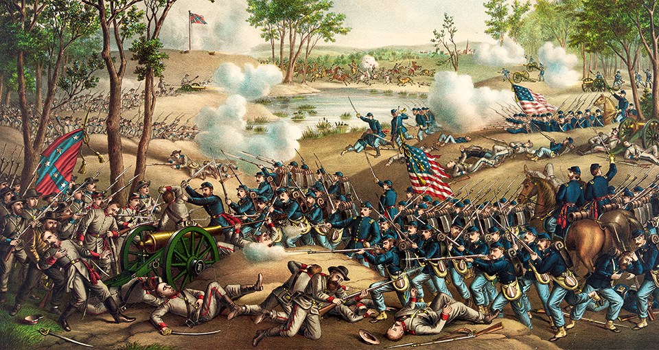 Color lithograph of soldiers fighting in the battle of Cold Harbor