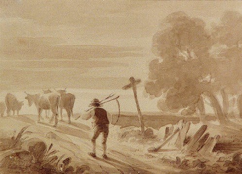 Illustration of a farmer walking down a dirt road