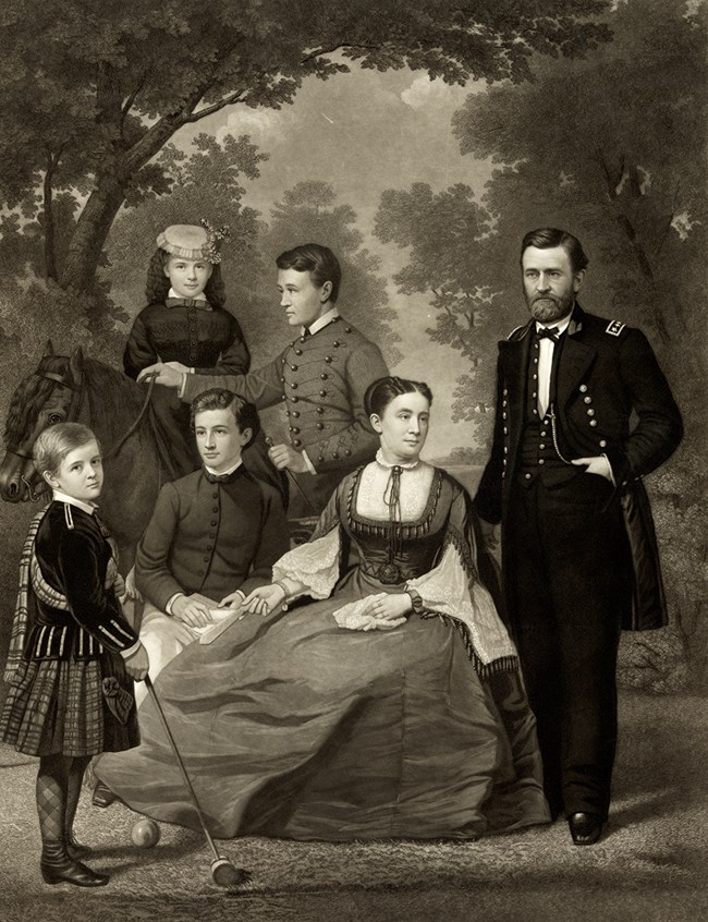 Black and white drawing of Ulysses S. Grant and his family