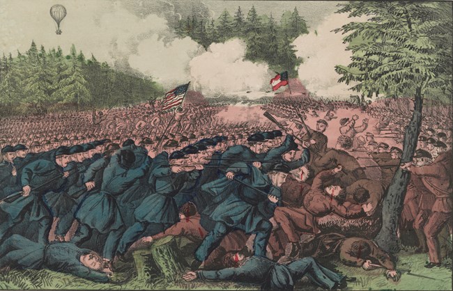 Battle scene with Union soldier charging confederates. Hot air balloon in the distance.