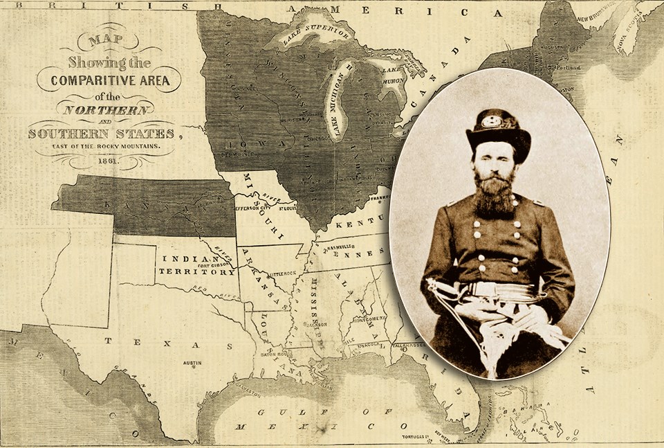 1861 map of the United States with a superimposed image of Ulysses S. Grant in uniform