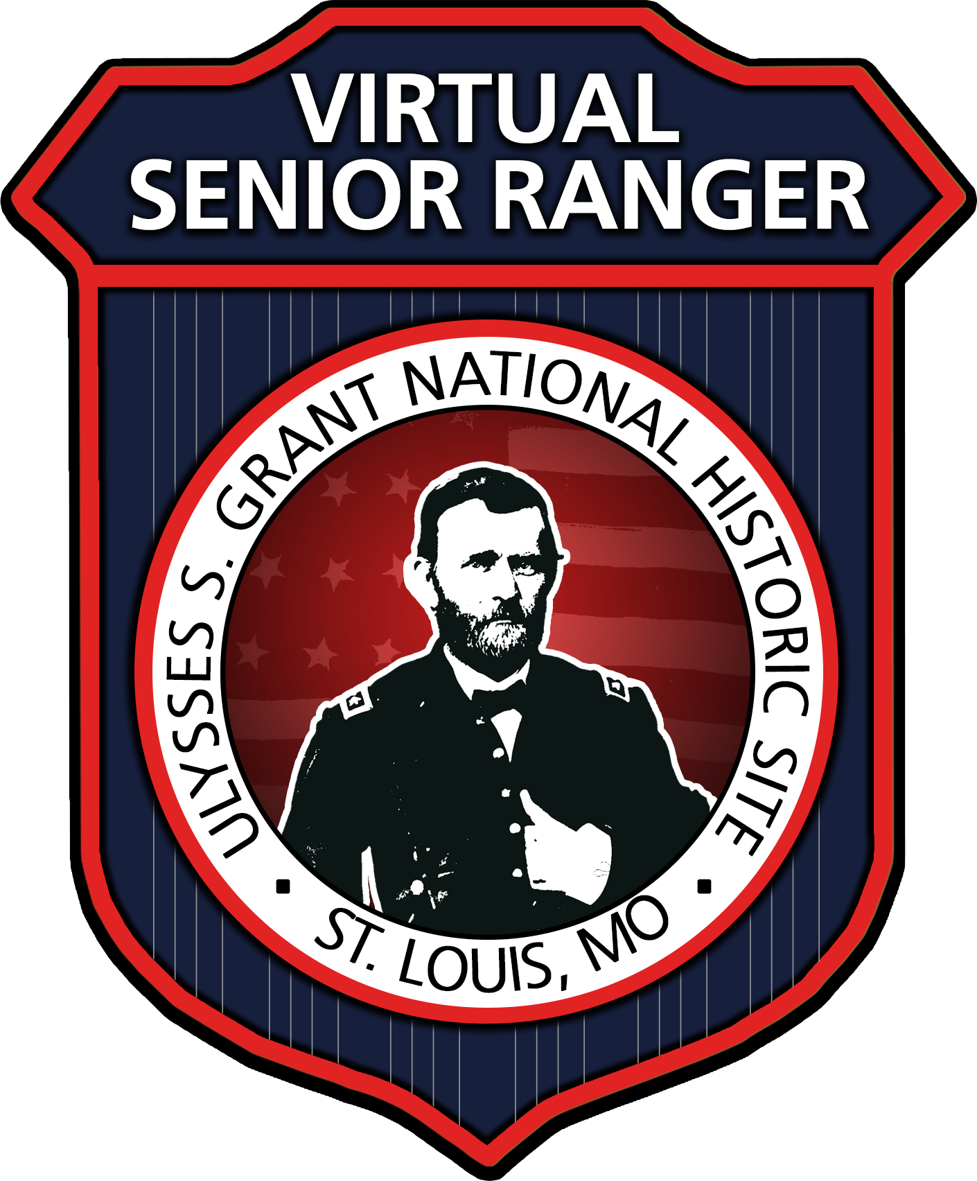 Red, white and blue virtual senior ranger badge with an image of Ulysses S. Grant