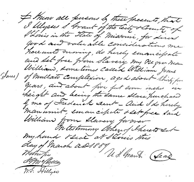 William Jones Manumission in Grant's Handwriting Handwritten manumission document
