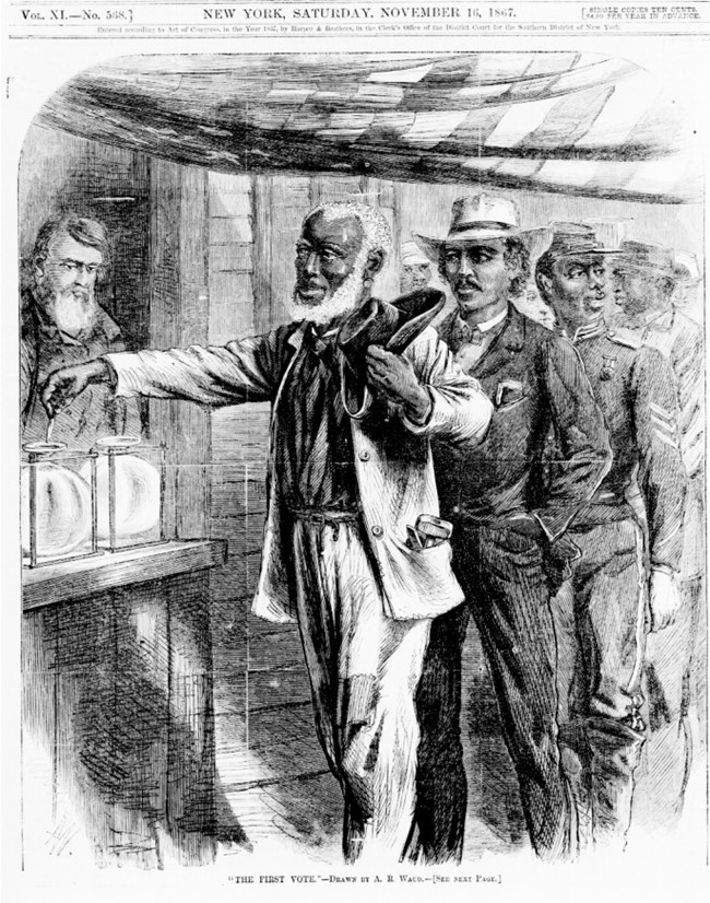 1867 illustration shows a queue of African American men, the first, dressed as a laborer, casting his vote, the second is dressed as a businessman, the third is wearing a Union army uniform, and the fourth appears to be dressed as a farmer. 1867 illustration shows a queue of African American men, the first, dressed as a laborer, casting his vote, the second is dressed as a businessman, the third is wearing a Union army uniform, and the fourth appears to be dressed as a farmer.