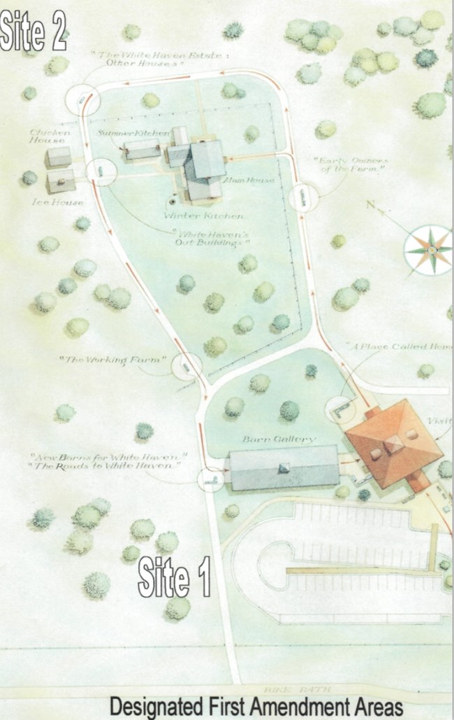 Map of park grounds with First Amendment areas designated on the map.