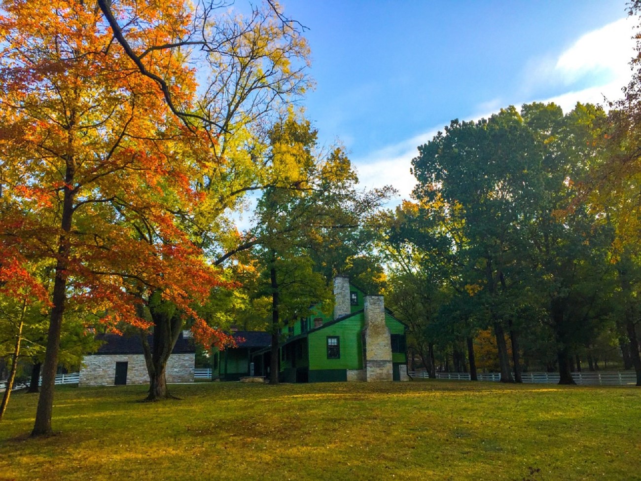 Green house with orange and yellow trees surrounding the house.