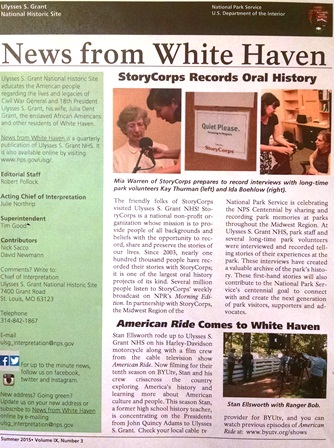 Sept 2015 newsletter cover with pictures of park volunteers being interviewed by StoryCorps. Another photo shows interview between park guide and star of TV show American Ride during filming at the park. Sept 2015 newsletter cover with pictures of park volunteers being interviewed by StoryCorps. Another photo shows interview between park guide and star of TV show American Ride during filming at the park.
