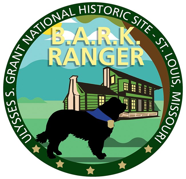 round symbol with black dog