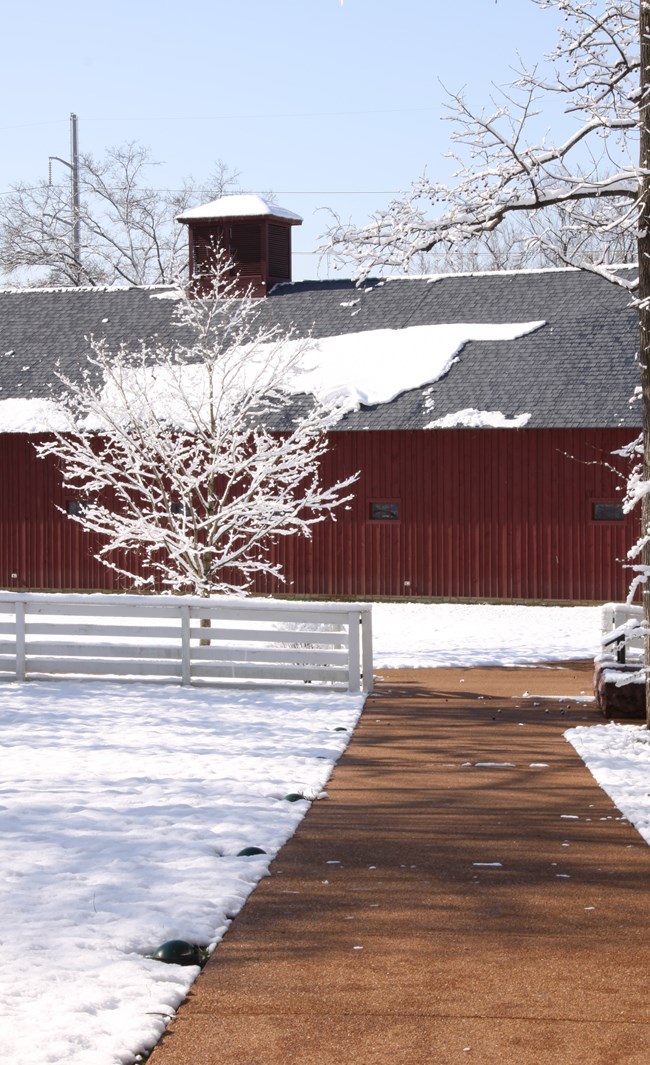Photo of a concrete walking path surrounded by snow with a dark red horse stable visible in the background.