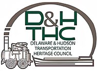 Logo: Text "D&H THC Delaware & Hudson Transportation Heritage Council" inside graphic of train engine car in front of a low river boat. A curved band exits the chimney of the train to loop over and down to back edge of boat, forming an arc around text.