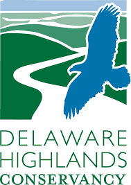 logo: Delaware Highlands Conservancy. Silhouette of eagle flying over river and hills.