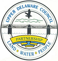 Logo: Text reads "Upper Delaware Council Partnership. Land. Water. People." Silhouettes of Roebling bridge with eagle overhead.