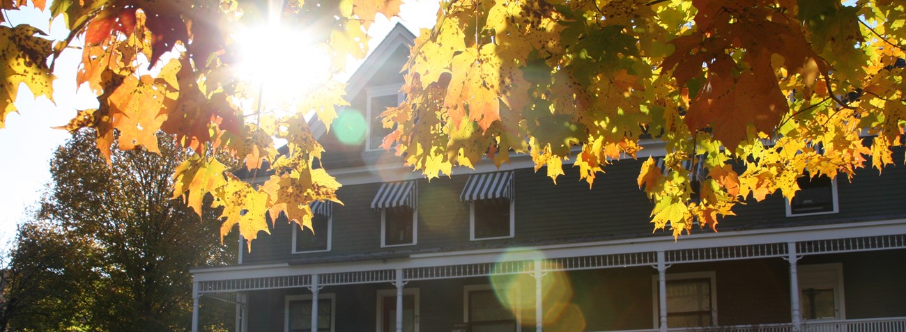 Zane Grey Museum in background. Fall foliage in foreground. Museum building is a long, 3-story gray-green building with white trim. White and green striped awnings hang over 2nd story windows.