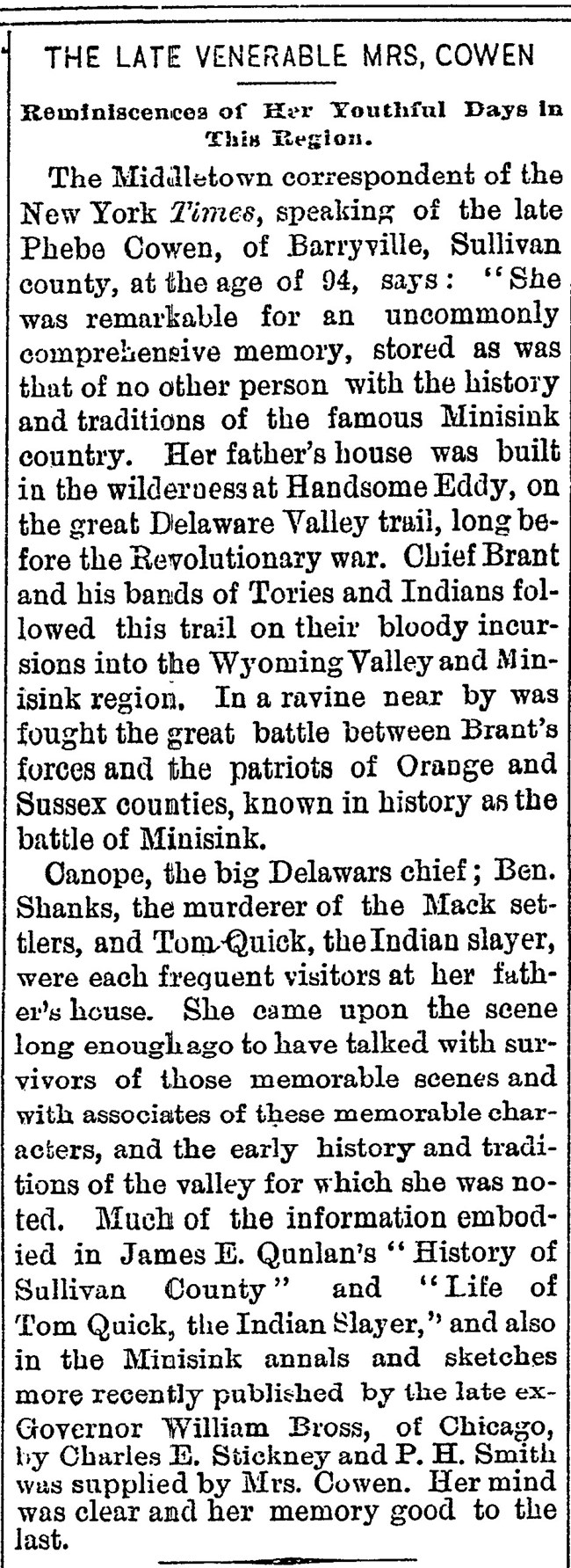 PJ Evening Gazette 02.1890 Phebe Cowen Obituary