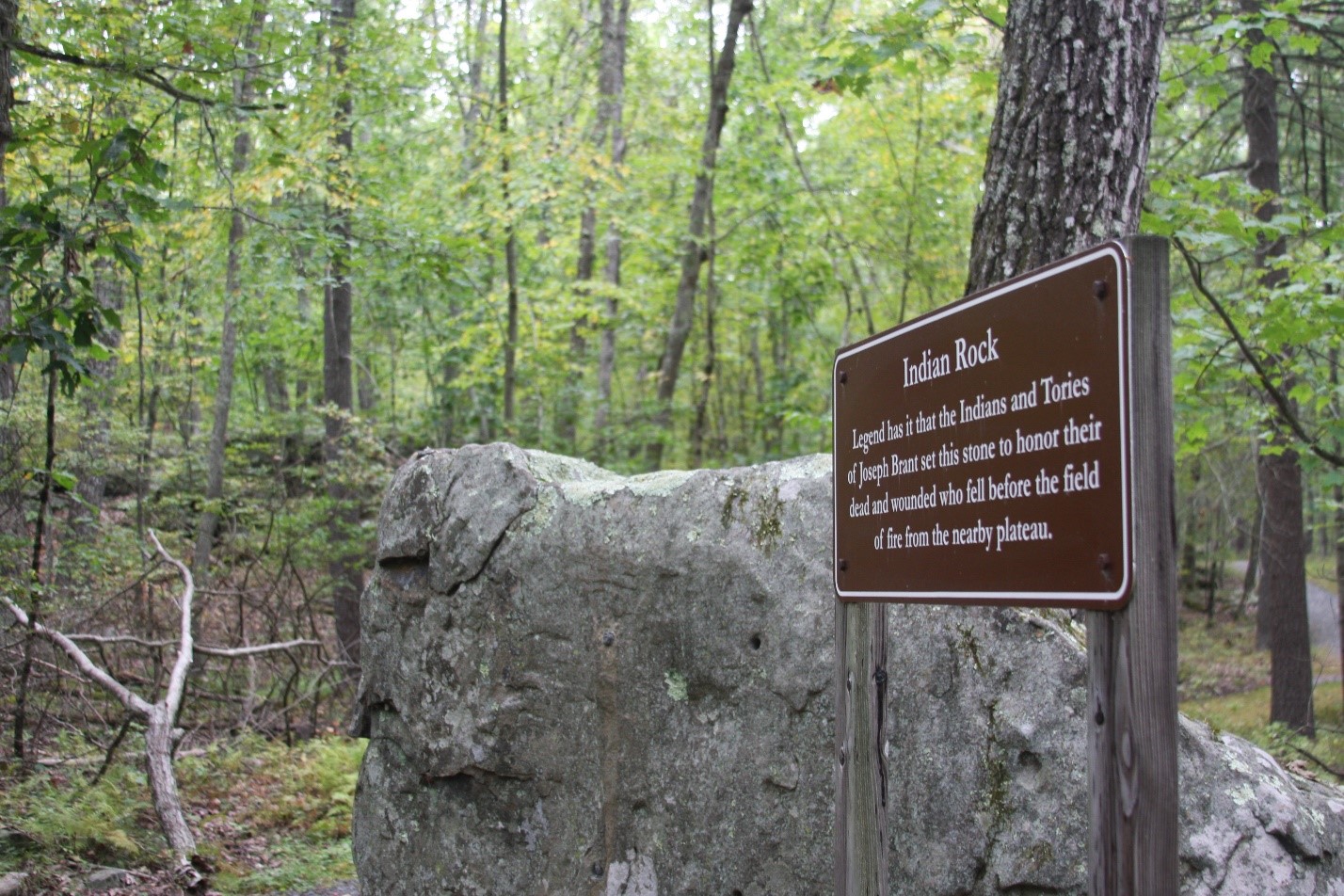 Large rock behind a brown interpretive sign.