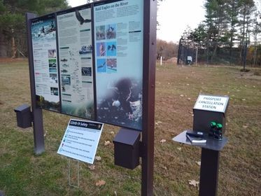 Bulletin boards with information about the park and the passport cancellation station to the right of the panels. Passport Cancellation station at Upper Delaware S&RR