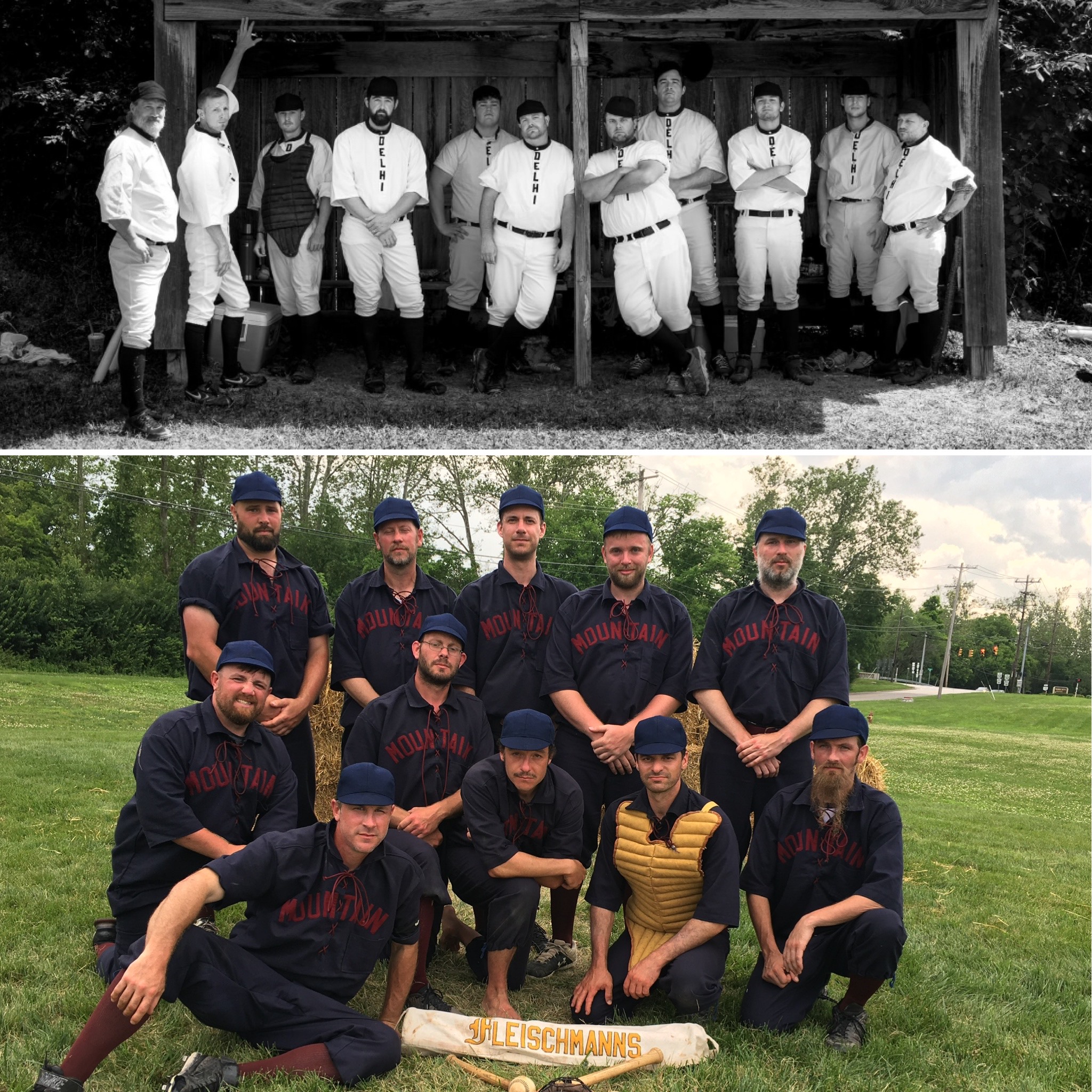 Two baseball teams with the baseball players standing and wearing vintage uniforms.