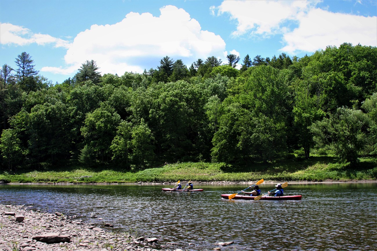 pair of red kayaks float down river, each with a pair of kayakers holding blue and yellow paddles. All are wearing life jackets. Green bushy trees line bank against blue sky with puffy white clouds. River reflects the blue and green of trees and sky.