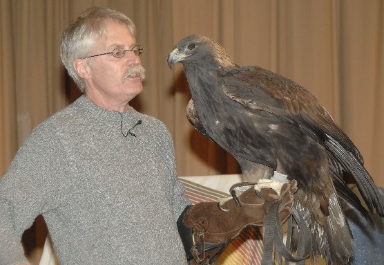 Bill Streeter from the Delaware Valley Raptor Center with Julia a golden eagle.