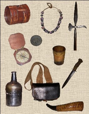 A collection of artifacts from Valley Forge Park, including a keg, trade jewelry, a compass, a coin, a bottle, and a powder horn. A collection of artifacts from Valley Forge Park, including a keg, trade jewelry, a compass, a coin, a bottle, and a powder horn.
