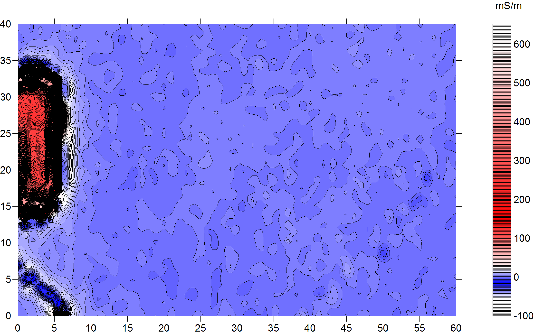 A map of area surveyed using a conductivity test. Not the large anomaly on the West portion of the area. A map of area surveyed using a conductivity test. Not the large anomaly on the West portion of the area.