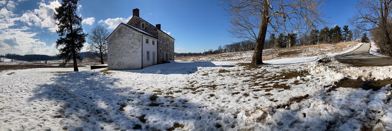 photograph, outdoors, building, snow, field