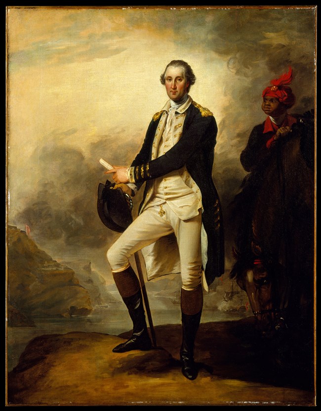 General George Washington stands on a bluff above the Hudson River while his enslaved manservant William Lee holds the reigns of his horse.