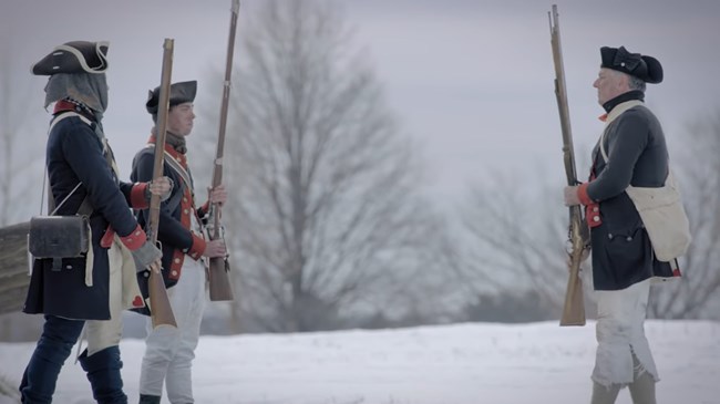 outdoors, snow, trees, soldiers, muskets
