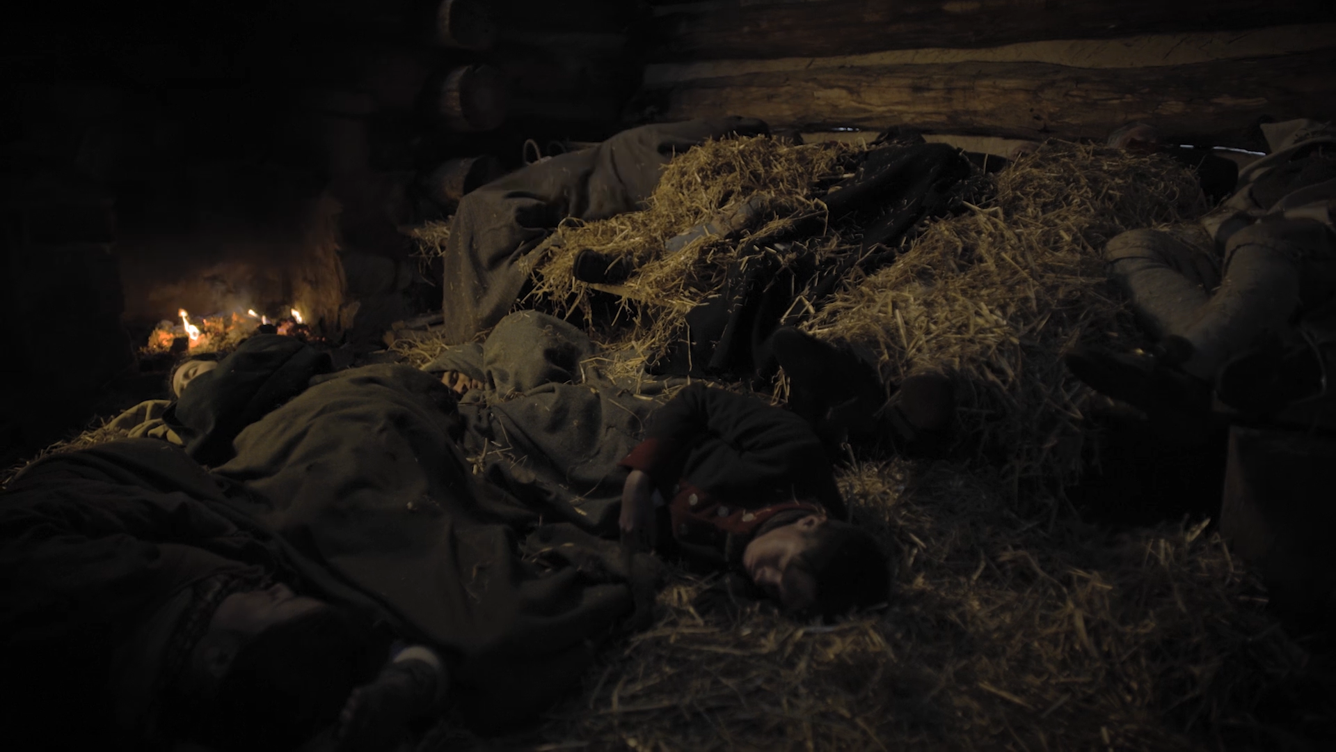 photograph, indoors, fire, hay, soldiers sleeping