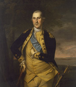 Oil painting of a middle-aged George Washington, left hand inside his coat and a saber by his side. Oil painting of a middle-aged George Washington, left hand inside his coat and a saber by his side.