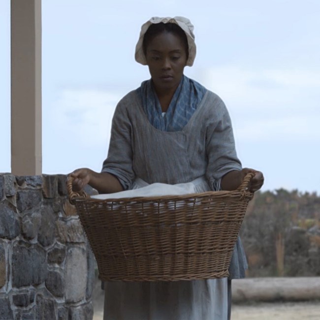 outdoors, woman, basket, trees