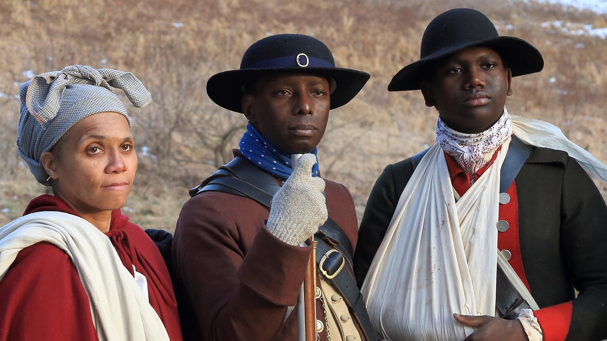 outdoors, black soldiers, uniforms, muskets
